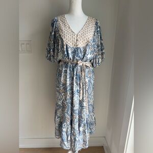 Lucky Brand Blue Paisley Print Tie Waist Puff Sleeve Peasant Dress Size M